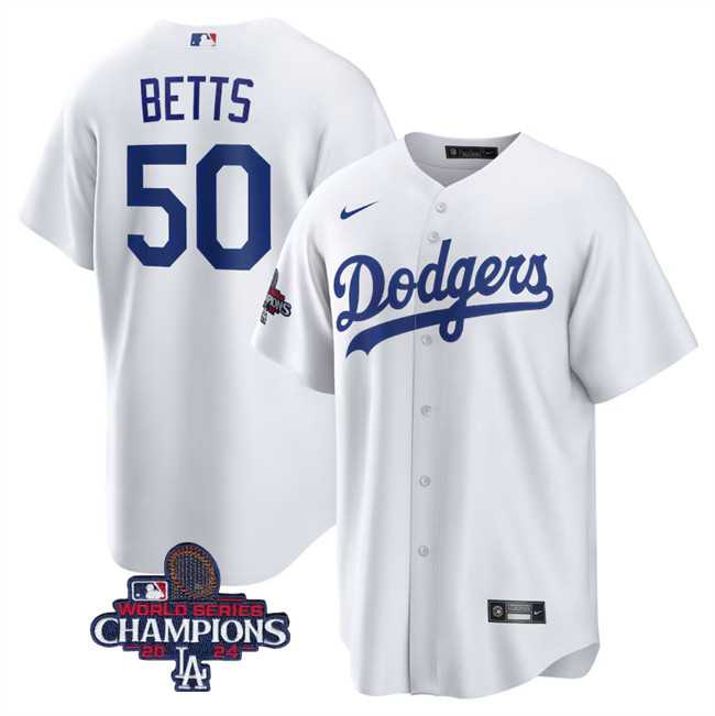 Men's Los Angeles Dodgers #50 Mookie Betts White 2024 World Series Champions Cool Base Stitched Baseball Jersey,We sell and wholesale Men's Los Angeles Dodgers #50 Mookie Betts White 2024 World Series Champions Cool Base Stitched Baseball Jersey on line form chian!